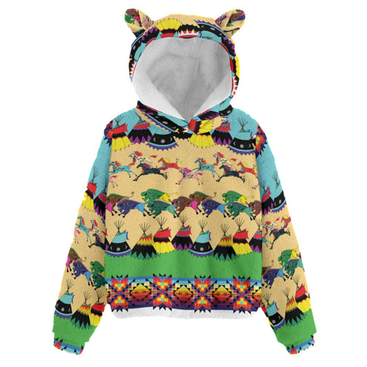 Horses and Buffalo Ledger White Kid’s Borg Fleece Hoodie With Ear