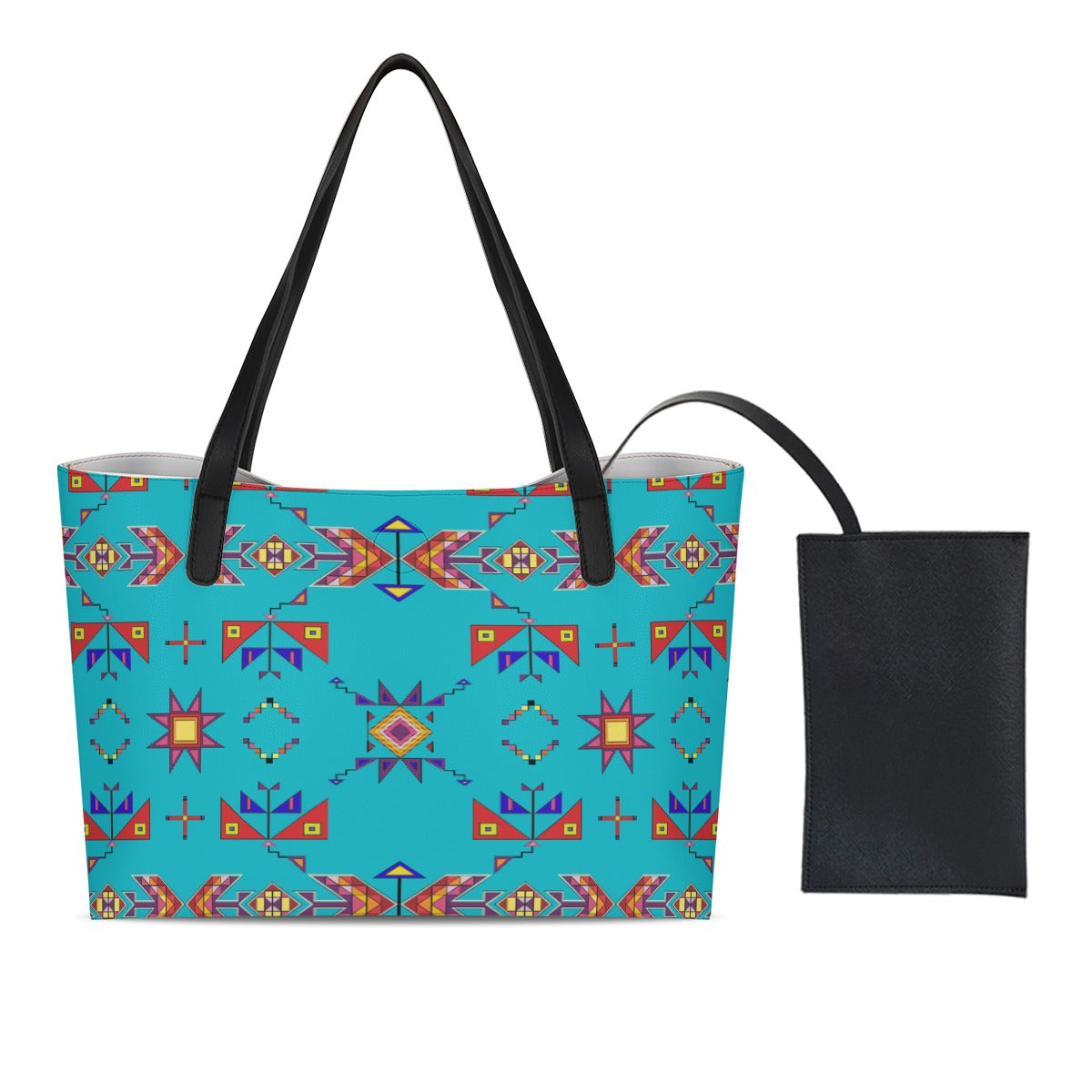 Scattered Generations Turquoise Shopping Tote Bag With Black Mini Purse