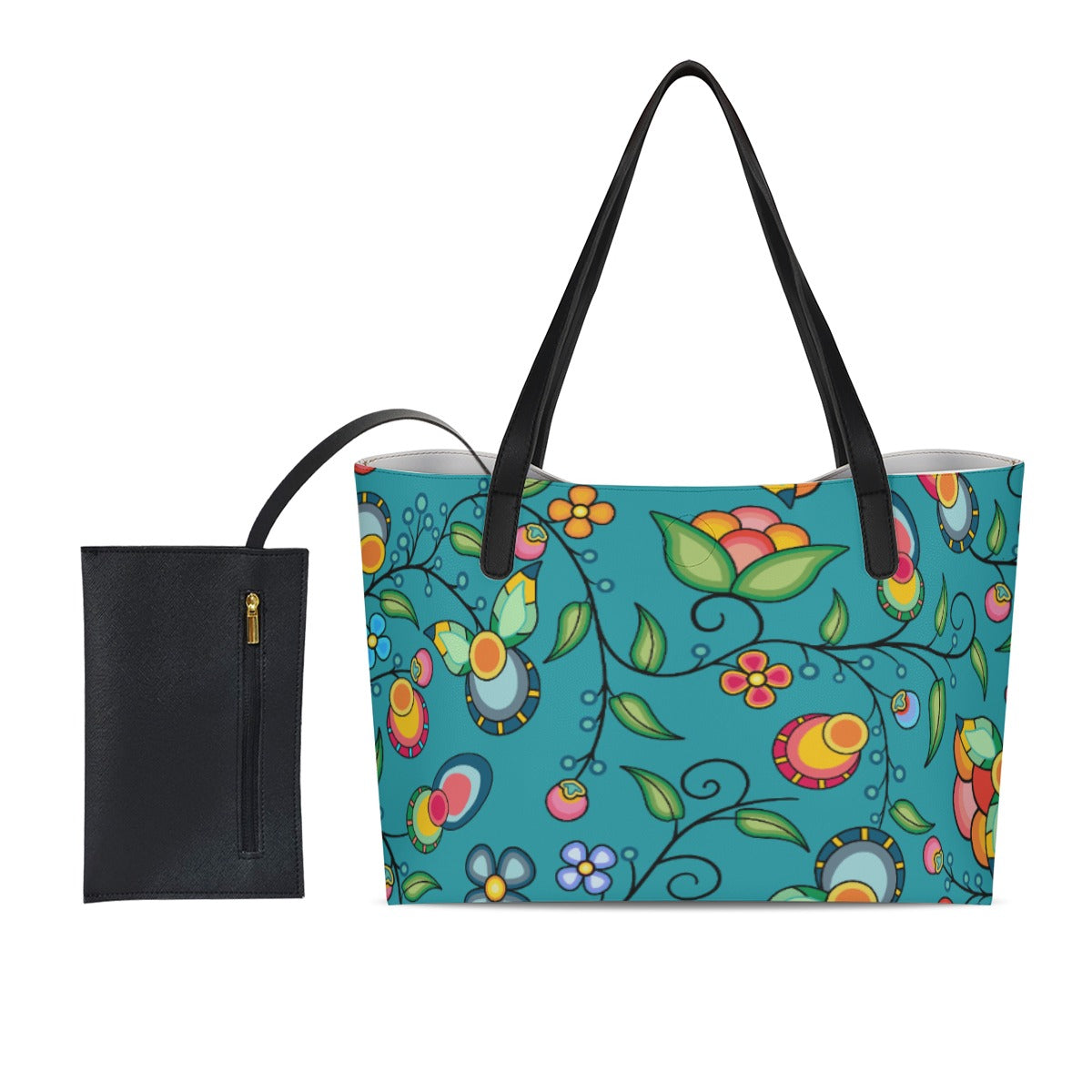Floral Bounty Teal Shopping Tote Bag With Black Mini Purse
