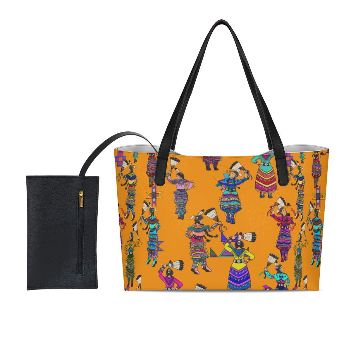 Women's Jingle Dancers Orange Shopping Tote Bag With Black Mini Purse