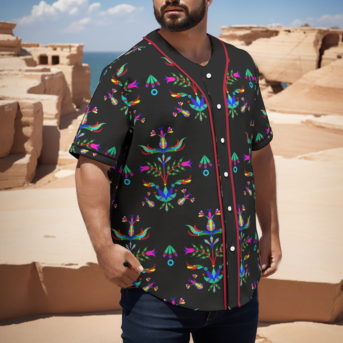 Dakota Damask Black Short Sleeve Baseball Jersey