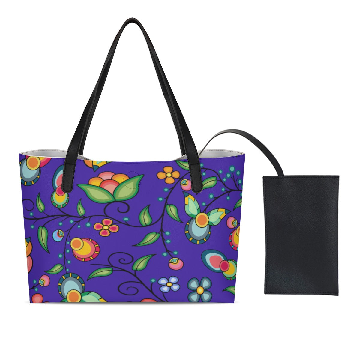 Floral Bounty Blue Shopping Tote Bag With Black Mini Purse