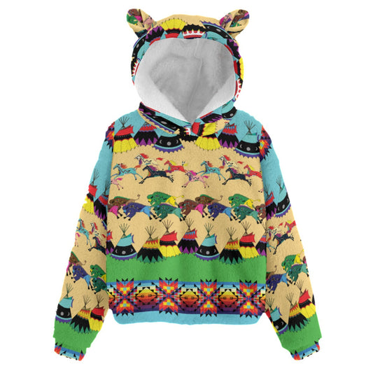 Horses and Buffalo Ledger Torquoise Kid’s Borg Fleece Hoodie With Ear