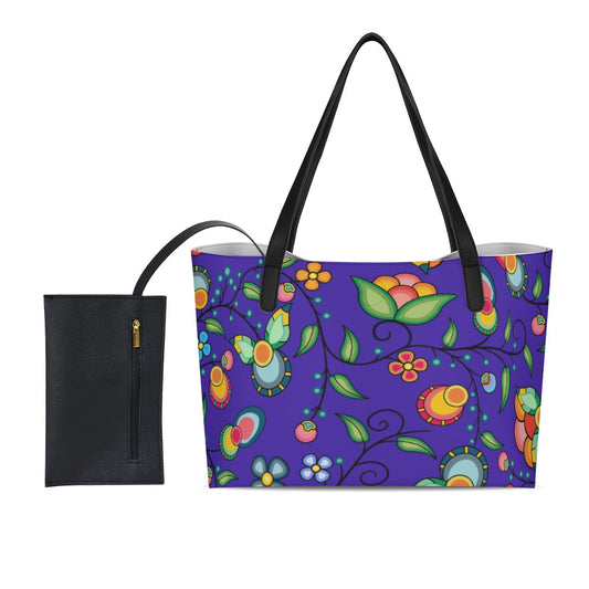 Floral Bounty Blue Shopping Tote Bag With Black Mini Purse