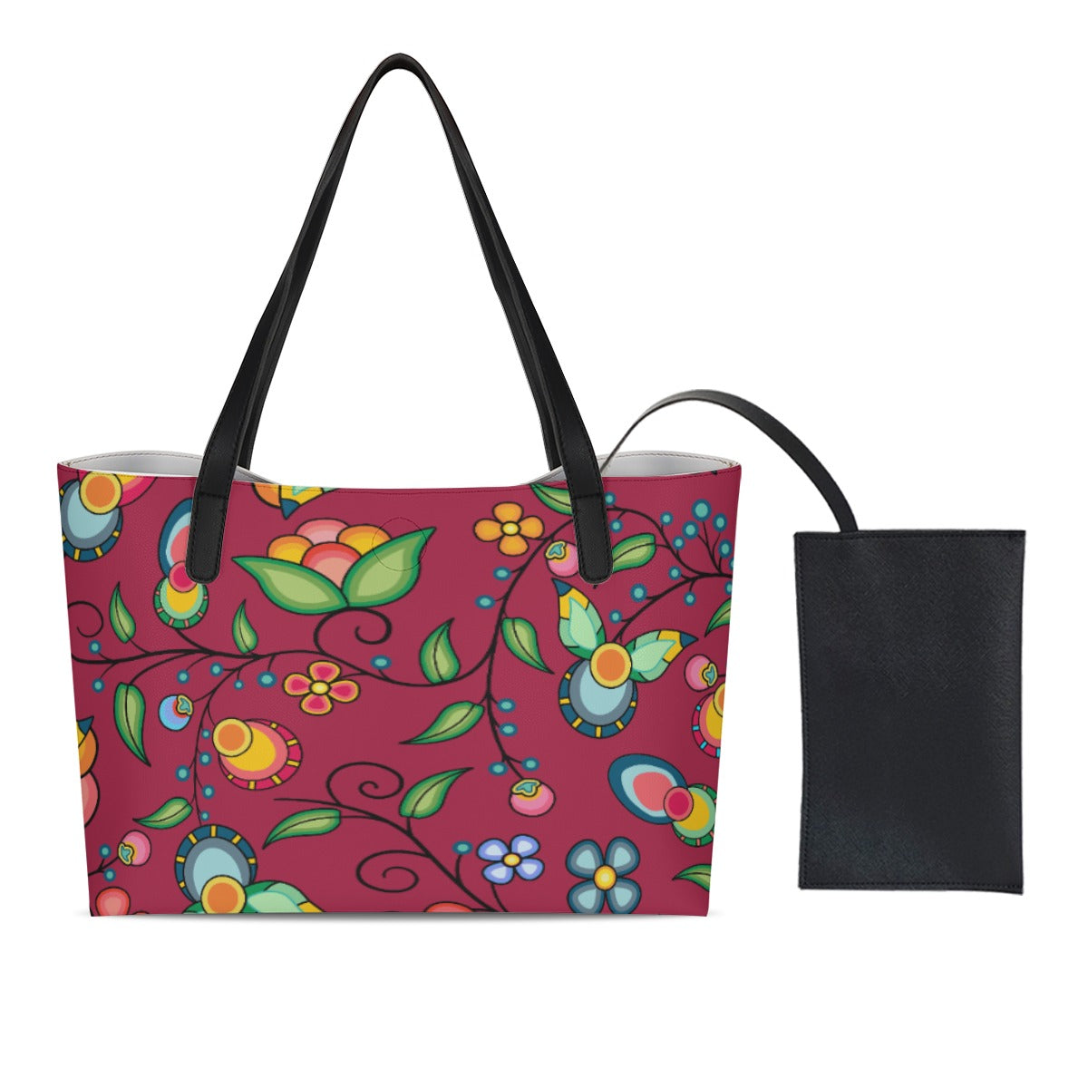 Floral Bounty Magenta Shopping Tote Bag With Black Mini Purse
