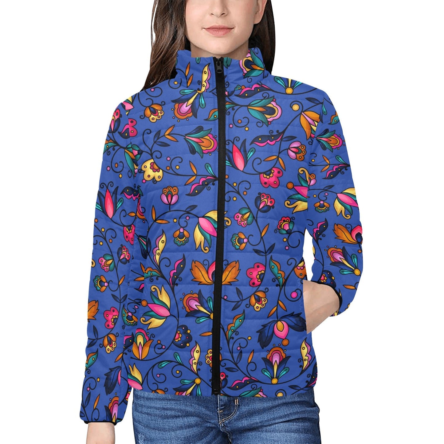 Copper Prairie Petals Blue Women's Stand Collar Padded Jacket