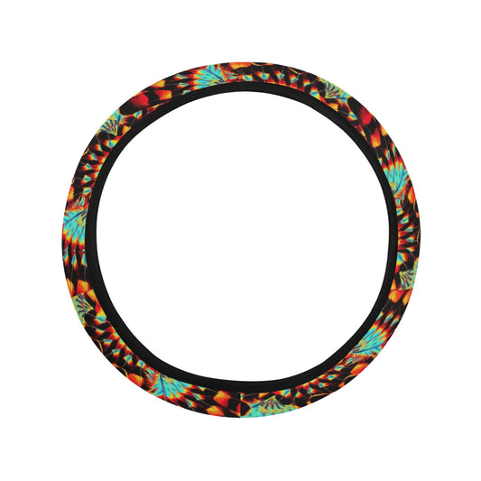 Hawk Feathers Fire and Turquoise Steering Wheel Cover with Elastic Edge