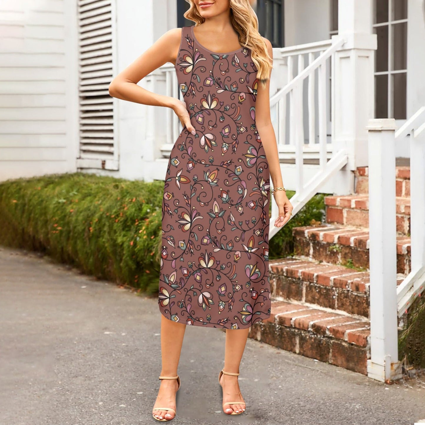Burnt Sky Petals Brown Phaedra Sleeveless Open Fork Long Dress