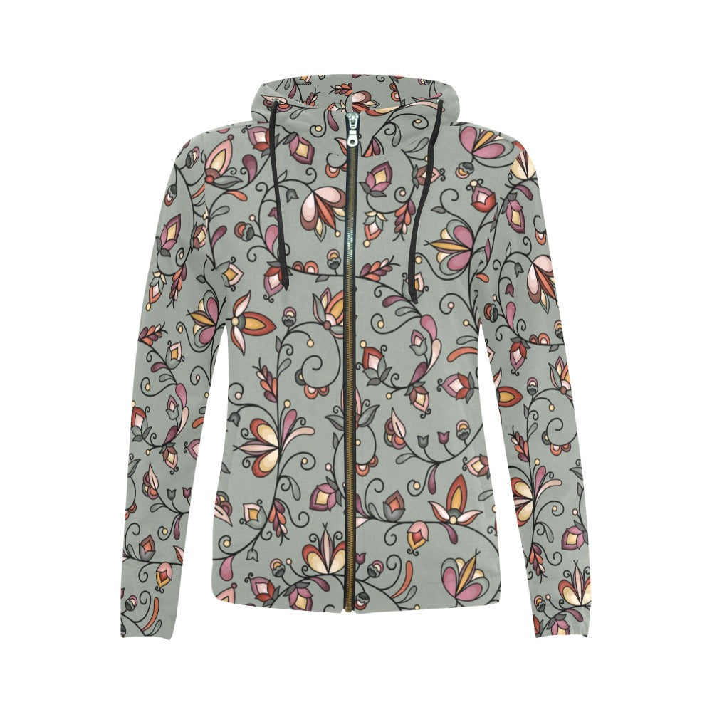 Burnt Sky Petals Green Full Zip Hoodie for Women