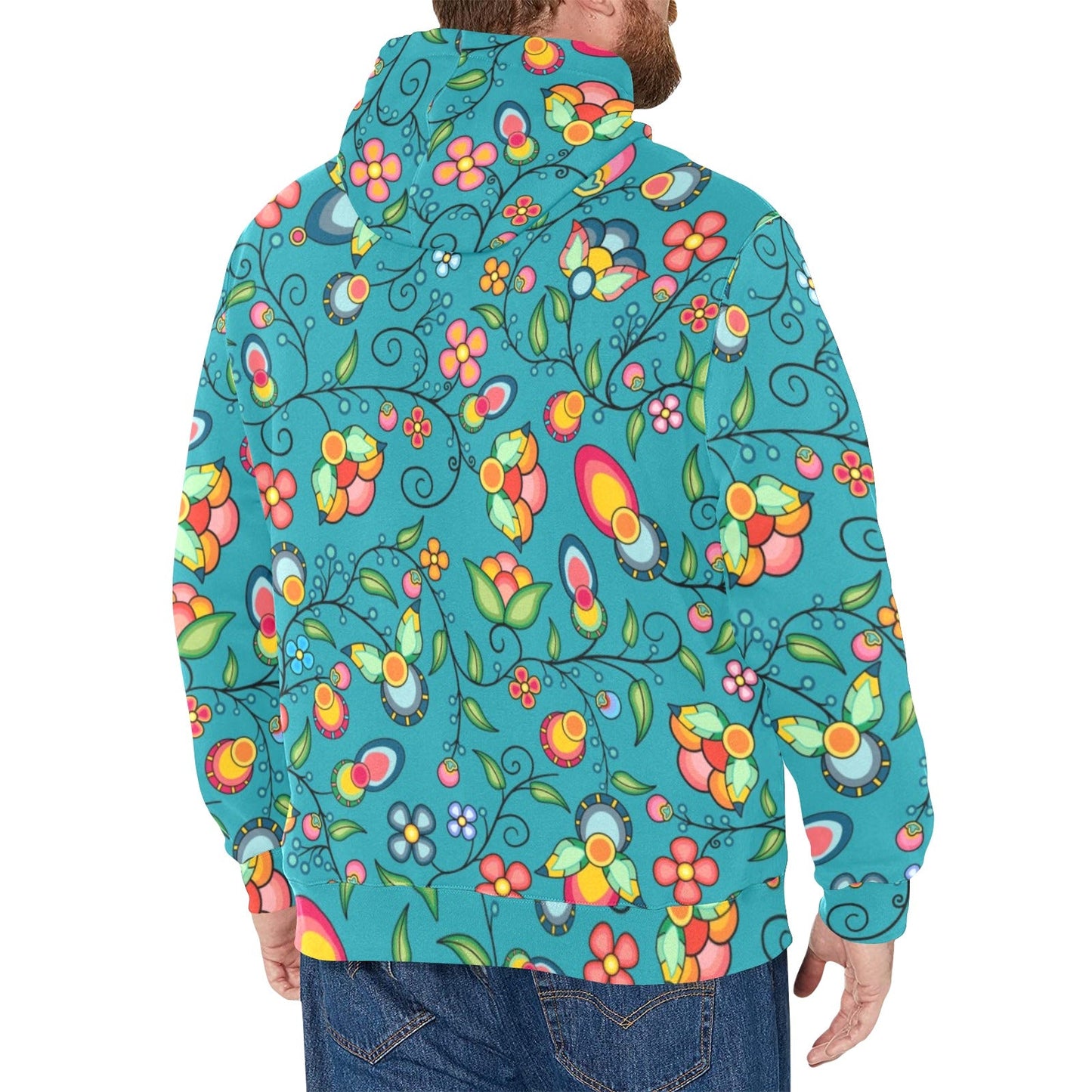 Floral Bounty Teal Men's Long Sleeve Fleece Hoodie