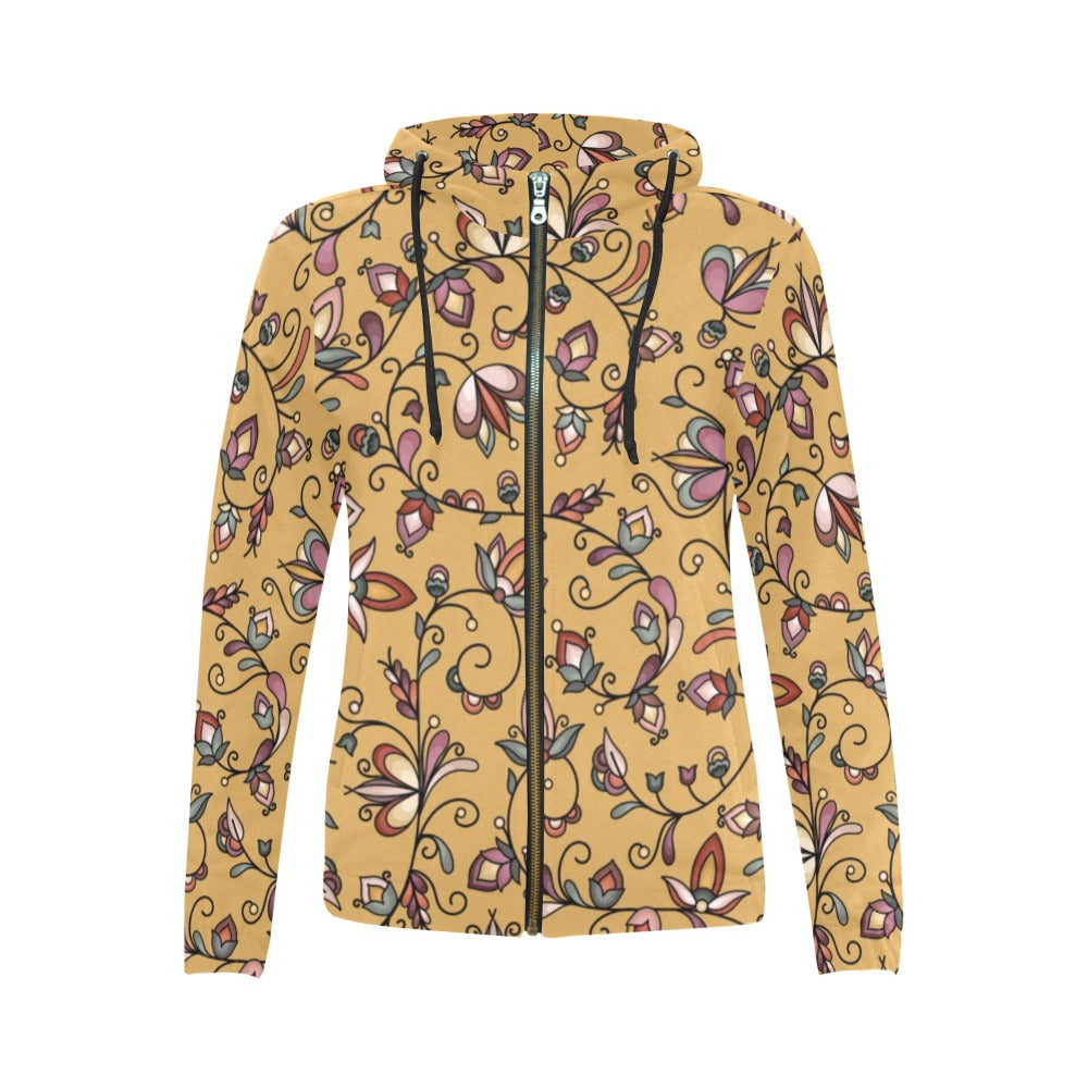 Burnt Sky Petals Gold Full Zip Hoodie for Women