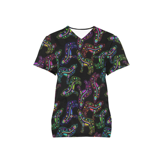 Neon Floral Wolves Scrub Top