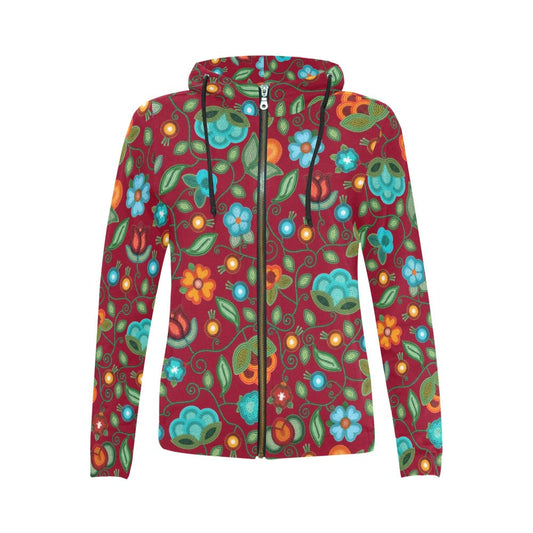 Prairie Fire Petals Red Full Zip Hoodie for Women