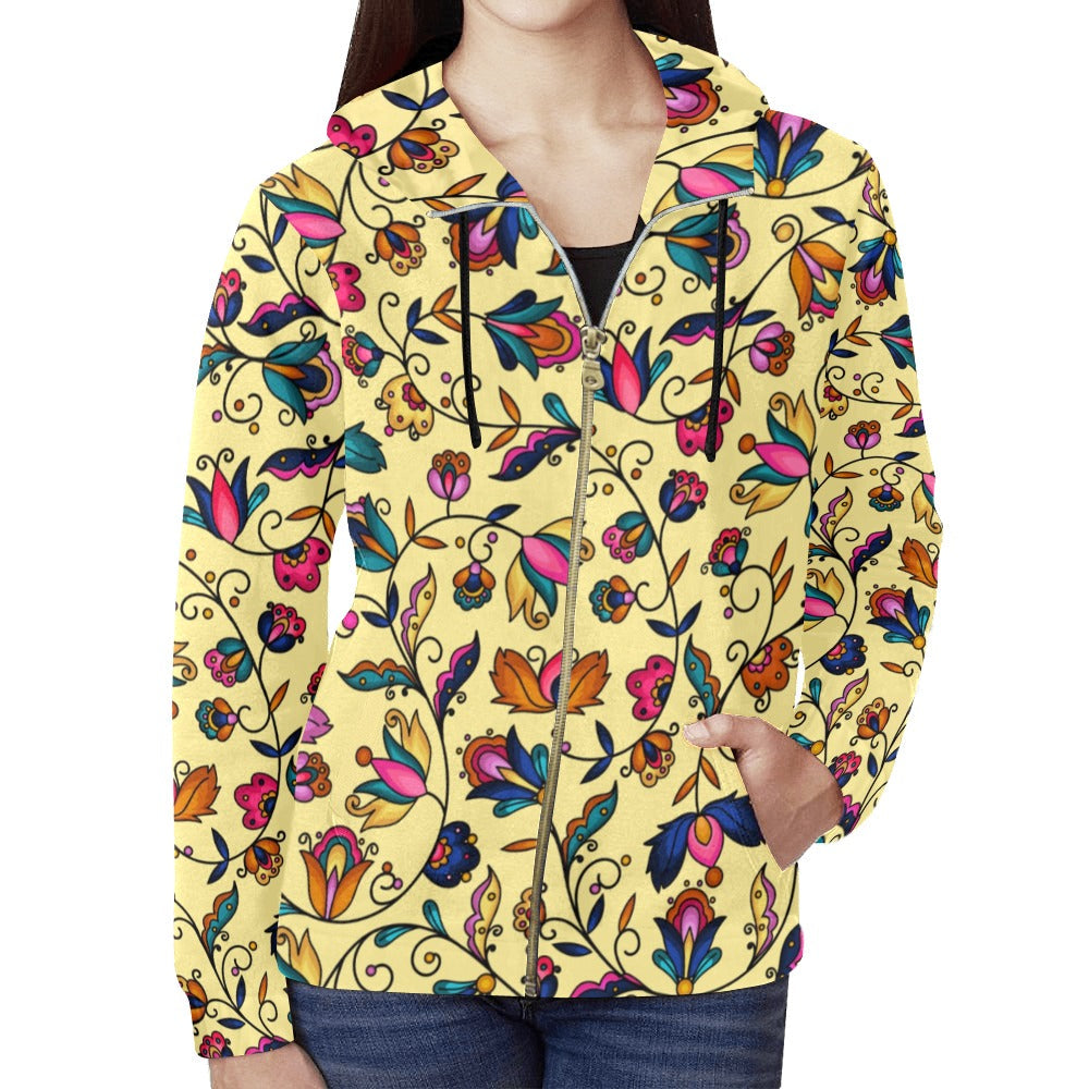 Copper Prairie Petals Yellow Full Zip Hoodie for Women