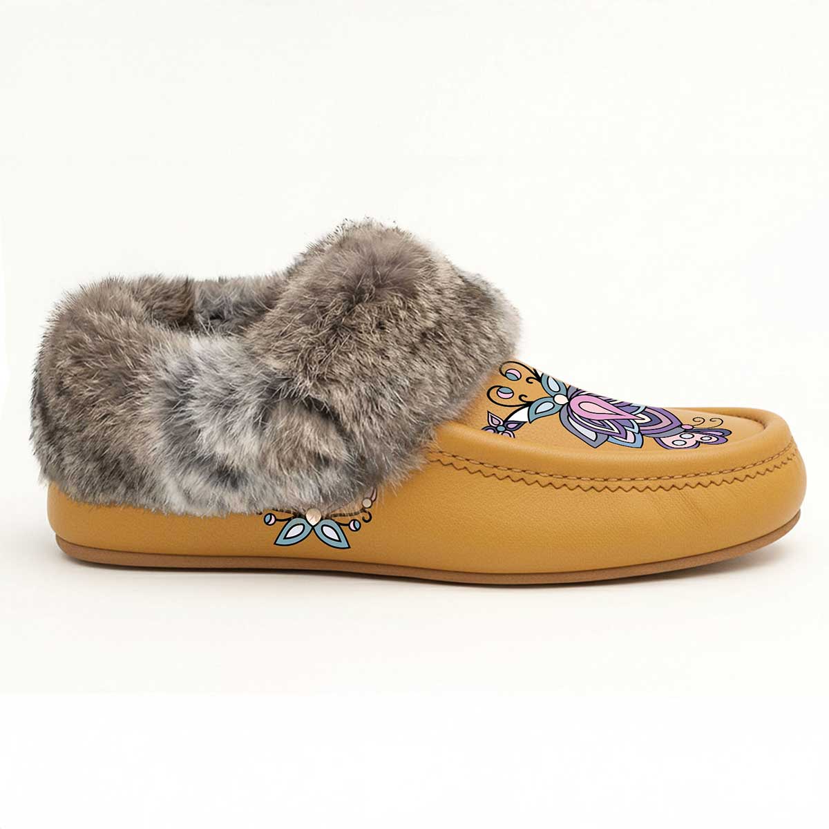 Snow Petal Spirit Tan Leather Mottled Fur Moccasin