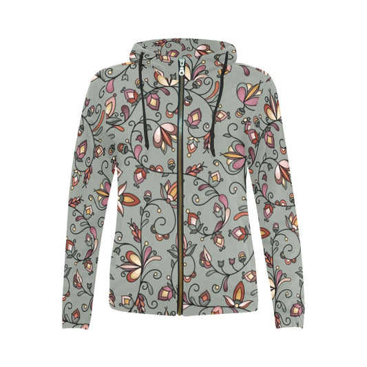 Burnt Sky Petals Green Full Zip Hoodie for Women