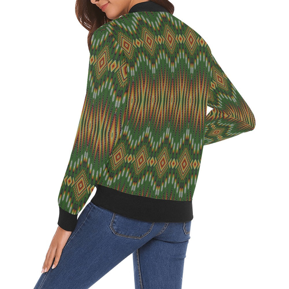 Fire Feather Green Bomber Jacket for Women