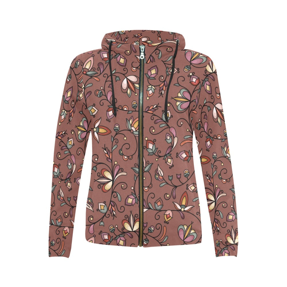 Burnt Sky Petals Brown Full Zip Hoodie for Women