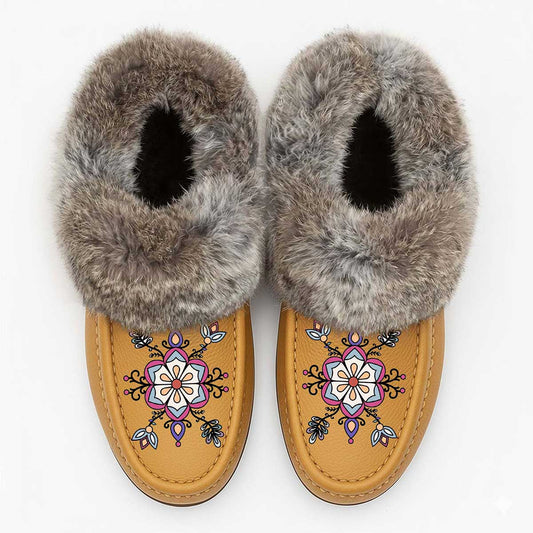 Aurora Petal Glow Tan Leather Mottled Fur Moccasin