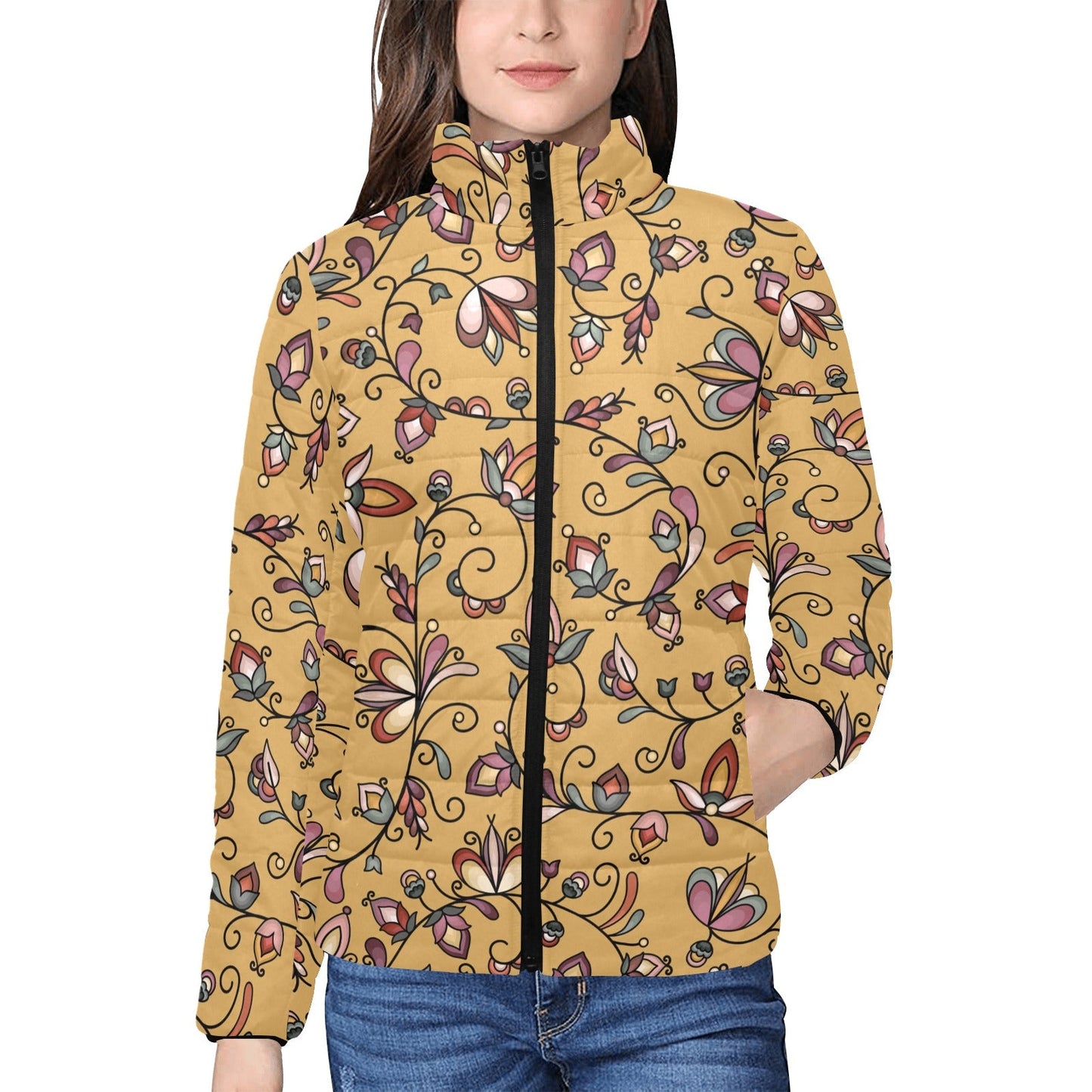 Burnt Sky Petals Gold Women's Stand Collar Padded Jacket