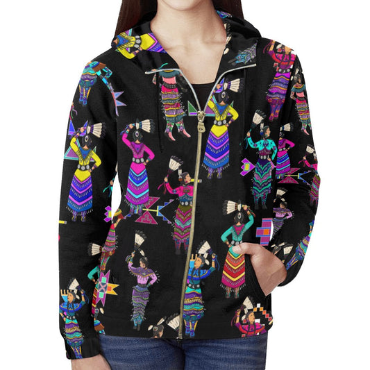 Women's Jingle Dancers Black Full Zip Hoodie for Women