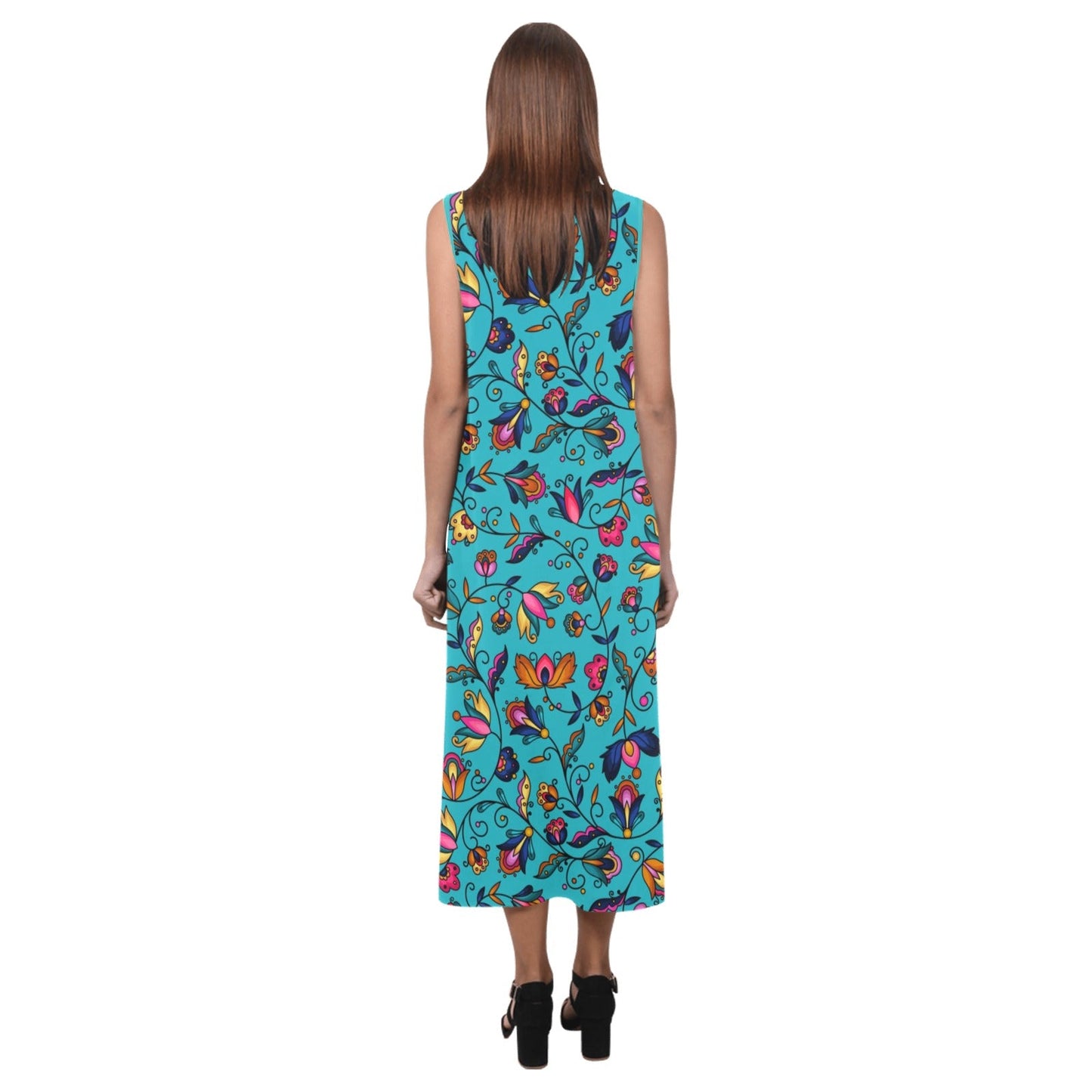 Copper Prairie Petals Turquoise Phaedra Sleeveless Open Fork Long Dress