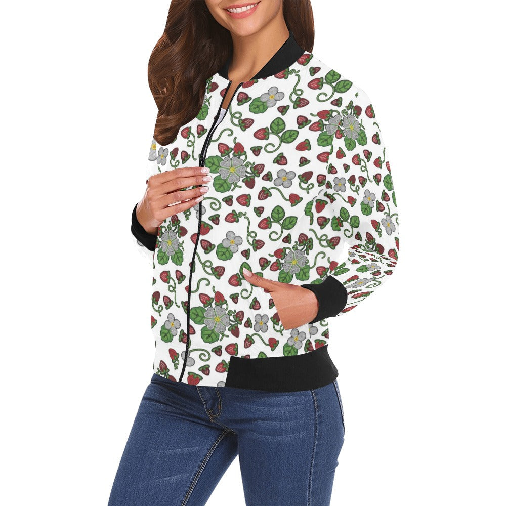 Strawberry Dreams White Bomber Jacket for Women