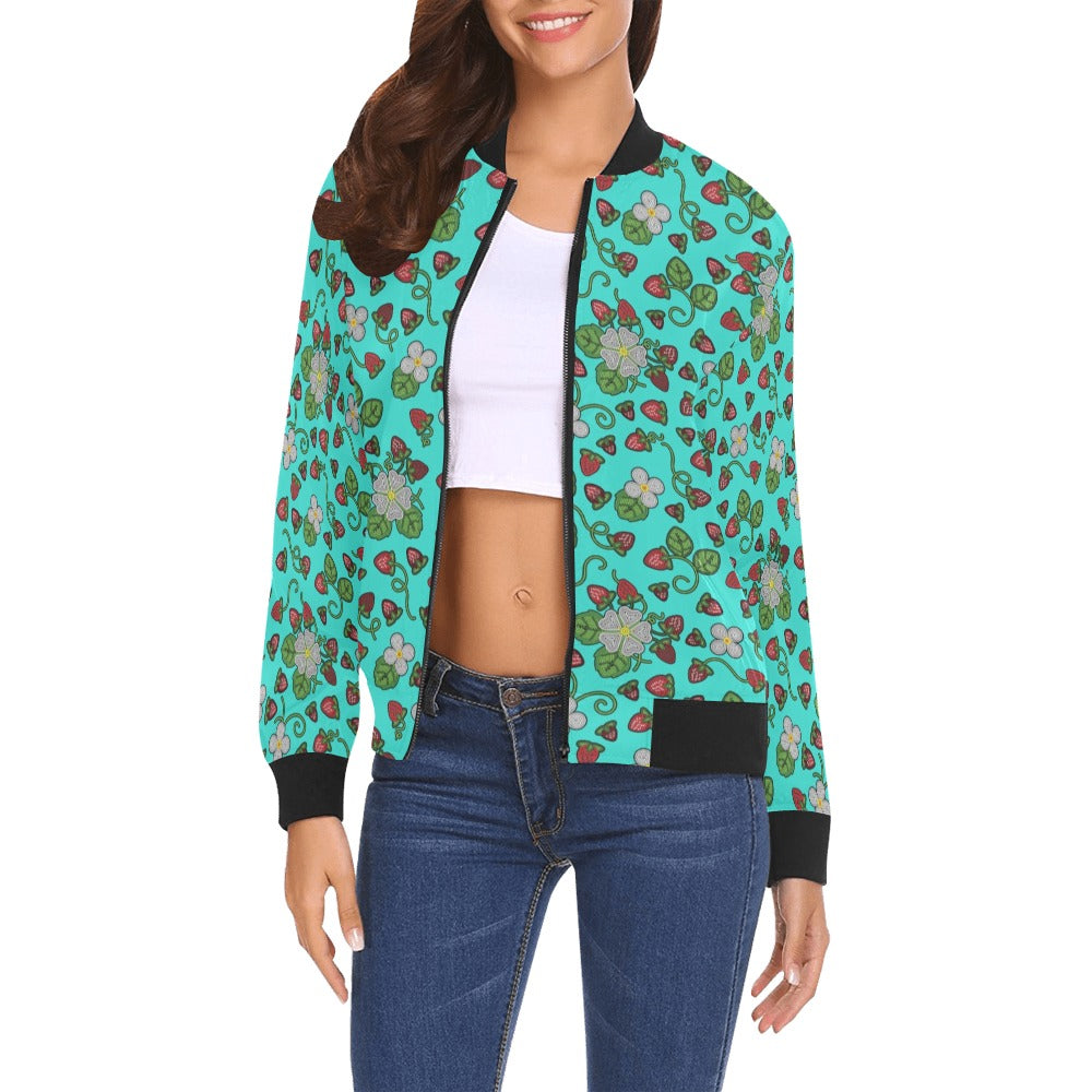 Strawberry Dreams Turquoise Bomber Jacket for Women