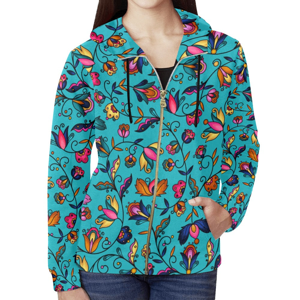 Copper Prairie Petals Turquoise Full Zip Hoodie for Women