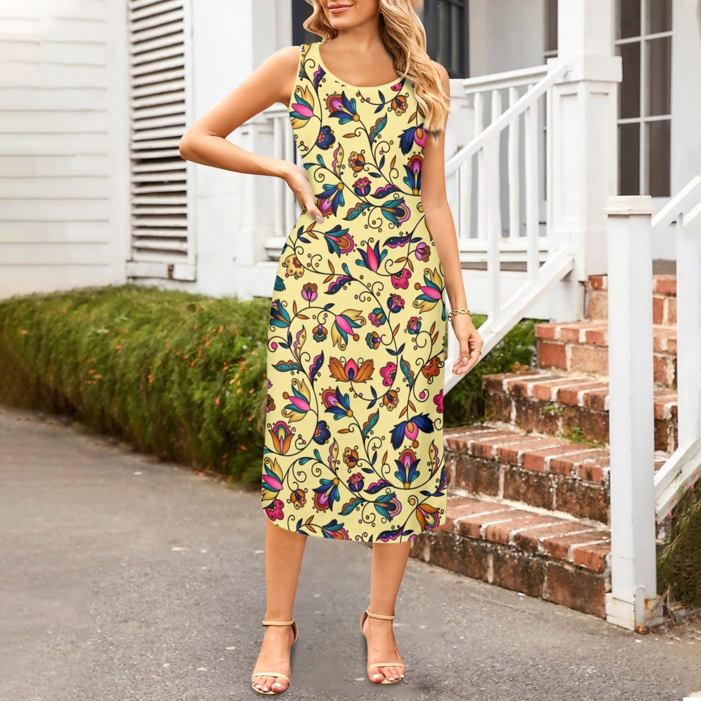 Copper Prairie Petals Yellow Phaedra Sleeveless Open Fork Long Dress