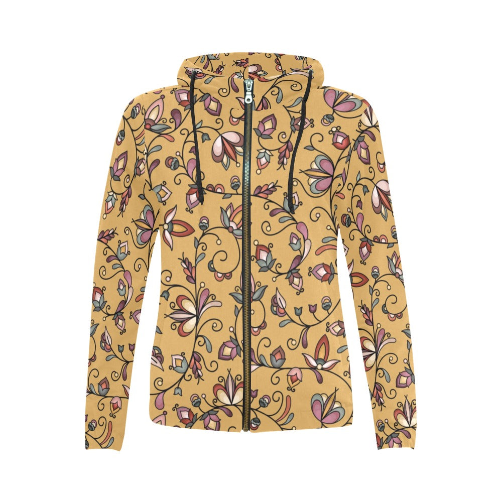 Burnt Sky Petals Gold Full Zip Hoodie for Women