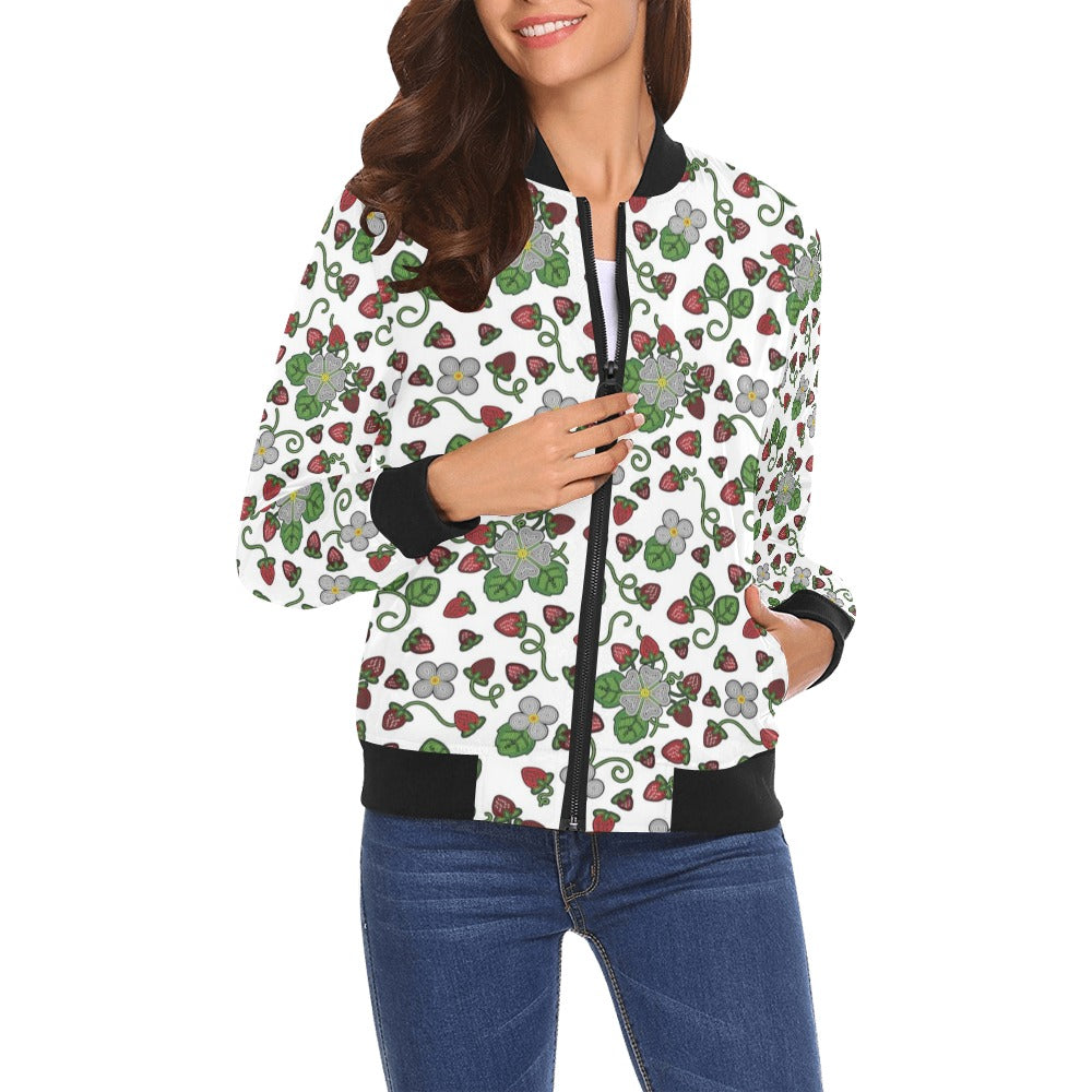 Strawberry Dreams White Bomber Jacket for Women