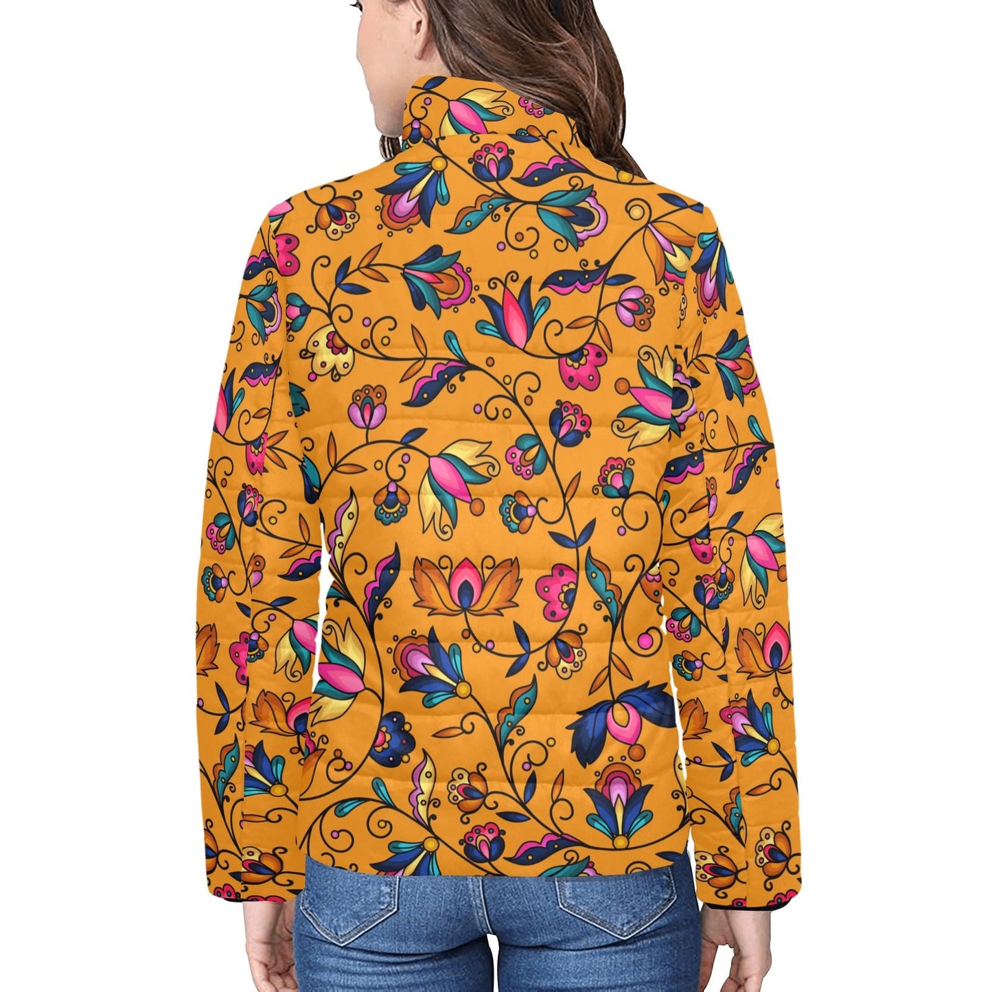 Copper Prairie Petals Orange Women's Stand Collar Padded Jacket