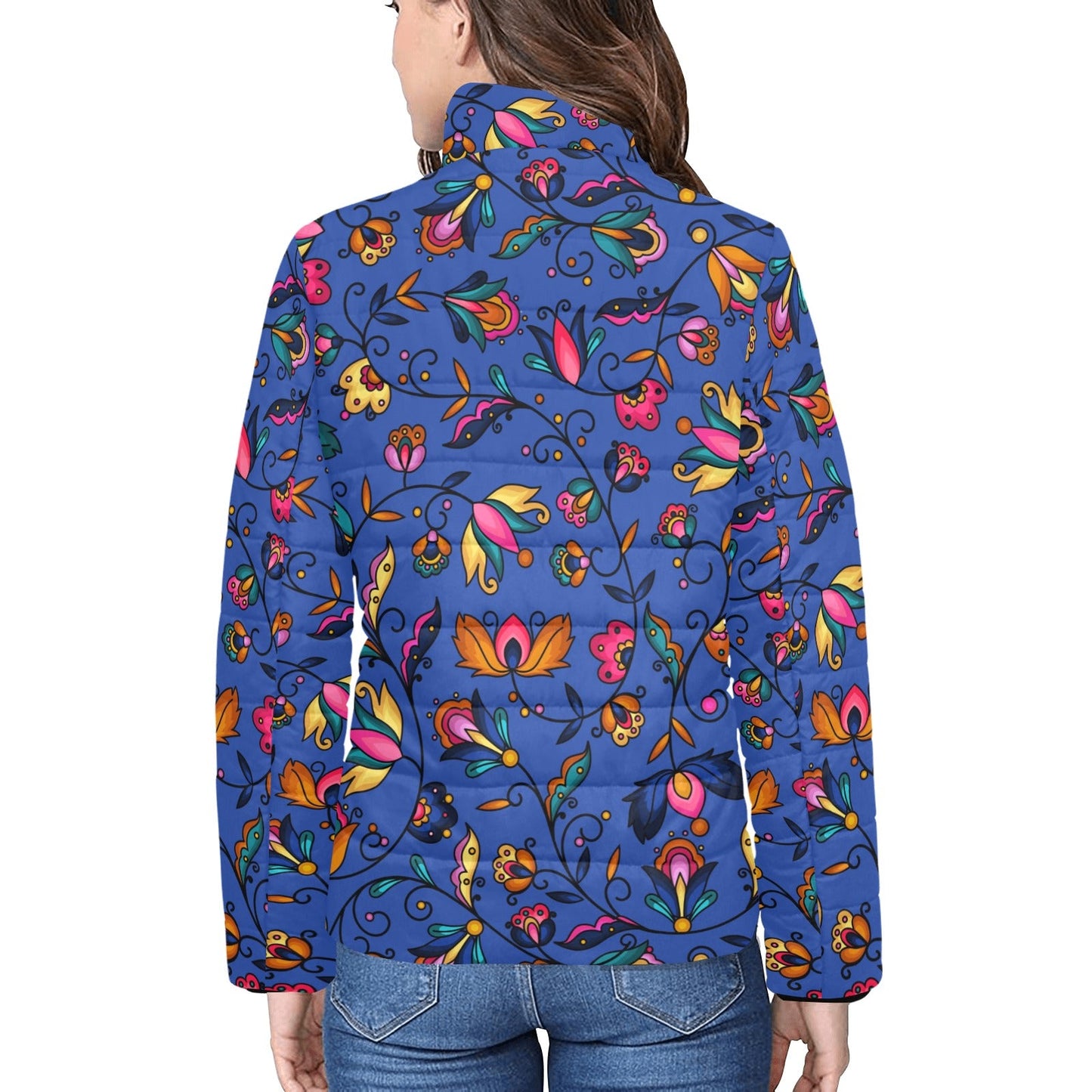 Copper Prairie Petals Blue Women's Stand Collar Padded Jacket