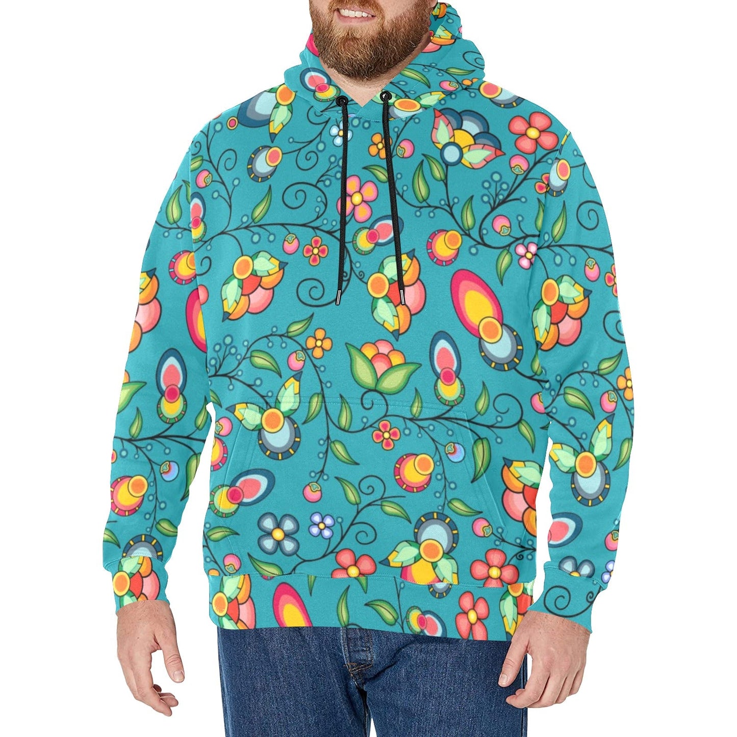 Floral Bounty Teal Men's Long Sleeve Fleece Hoodie