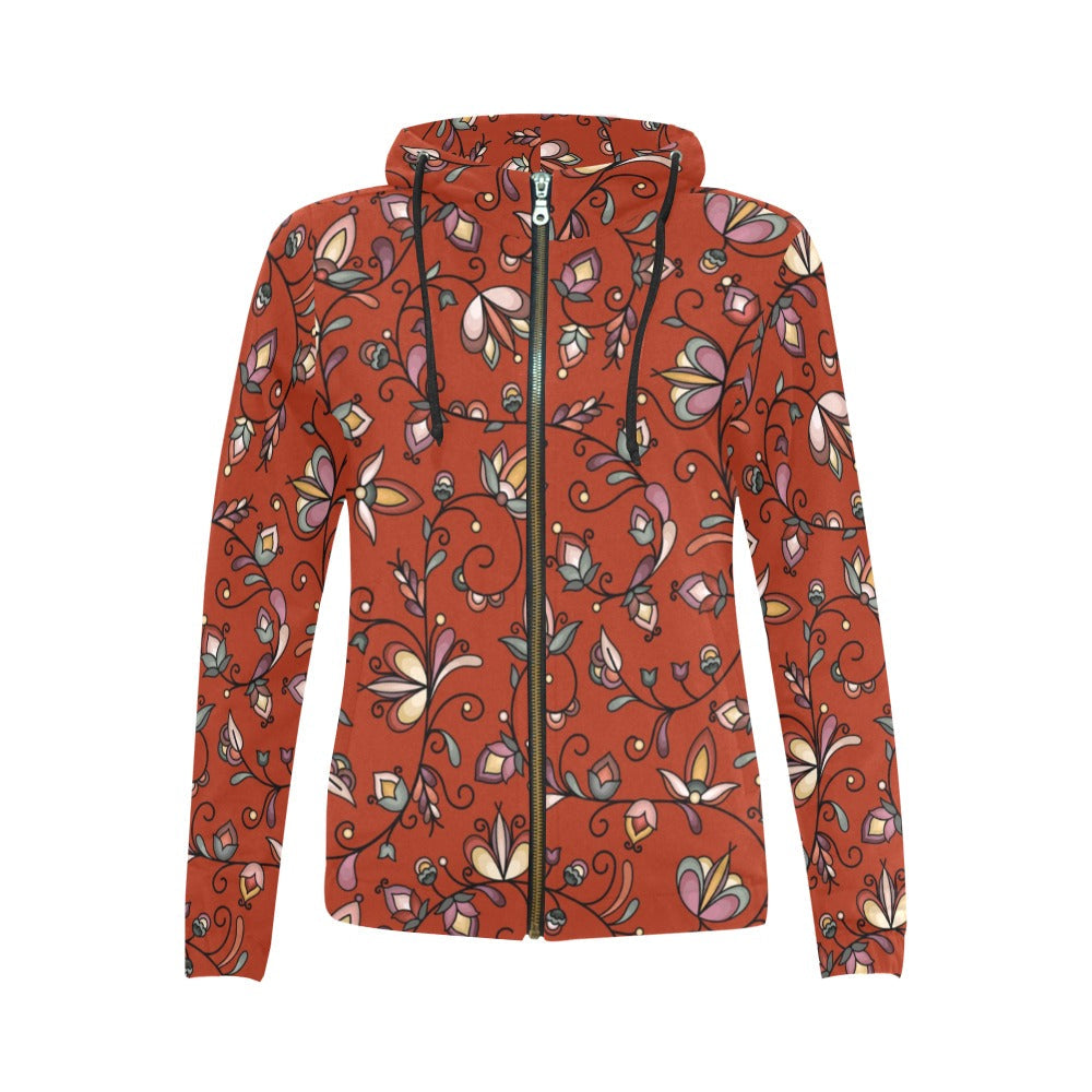 Burnt Sky Petals Red Full Zip Hoodie for Women