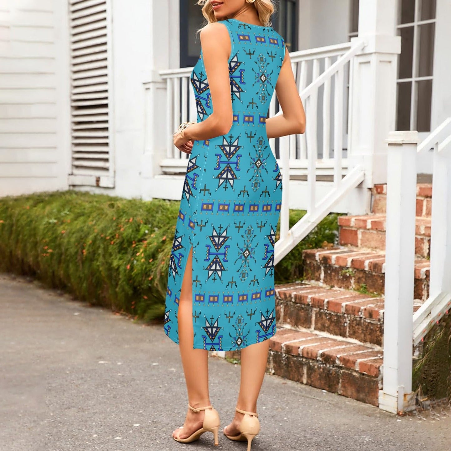 Eagle Strike Blue Phaedra Sleeveless Open Fork Long Dress