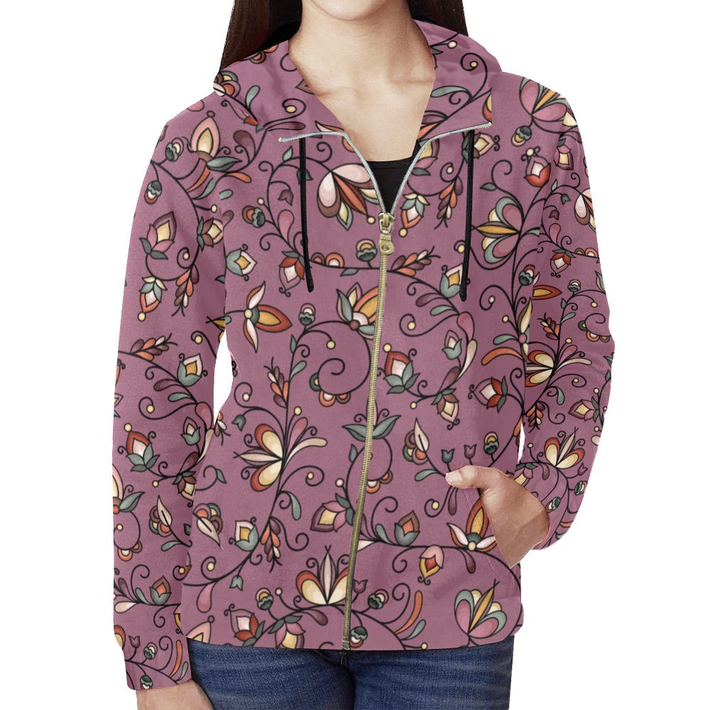 Burnt Sky Petals Magenta Full Zip Hoodie for Women