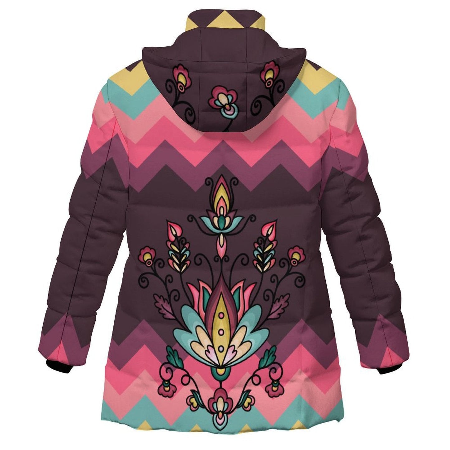 Gold Harvest Bloom Women's Hooded Puffer Coat