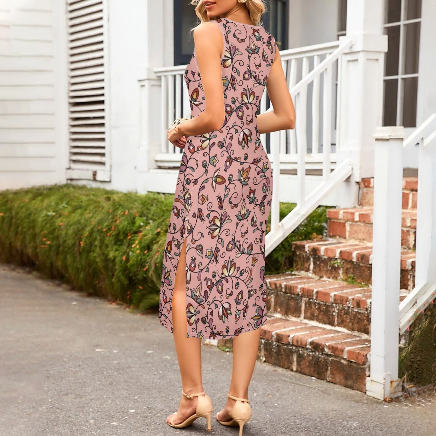 Burnt Sky Petals Peach Phaedra Sleeveless Open Fork Long Dress