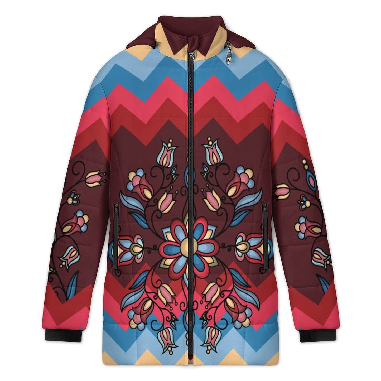 Frozen Petal Cascade Women's Hooded Puffer Coat