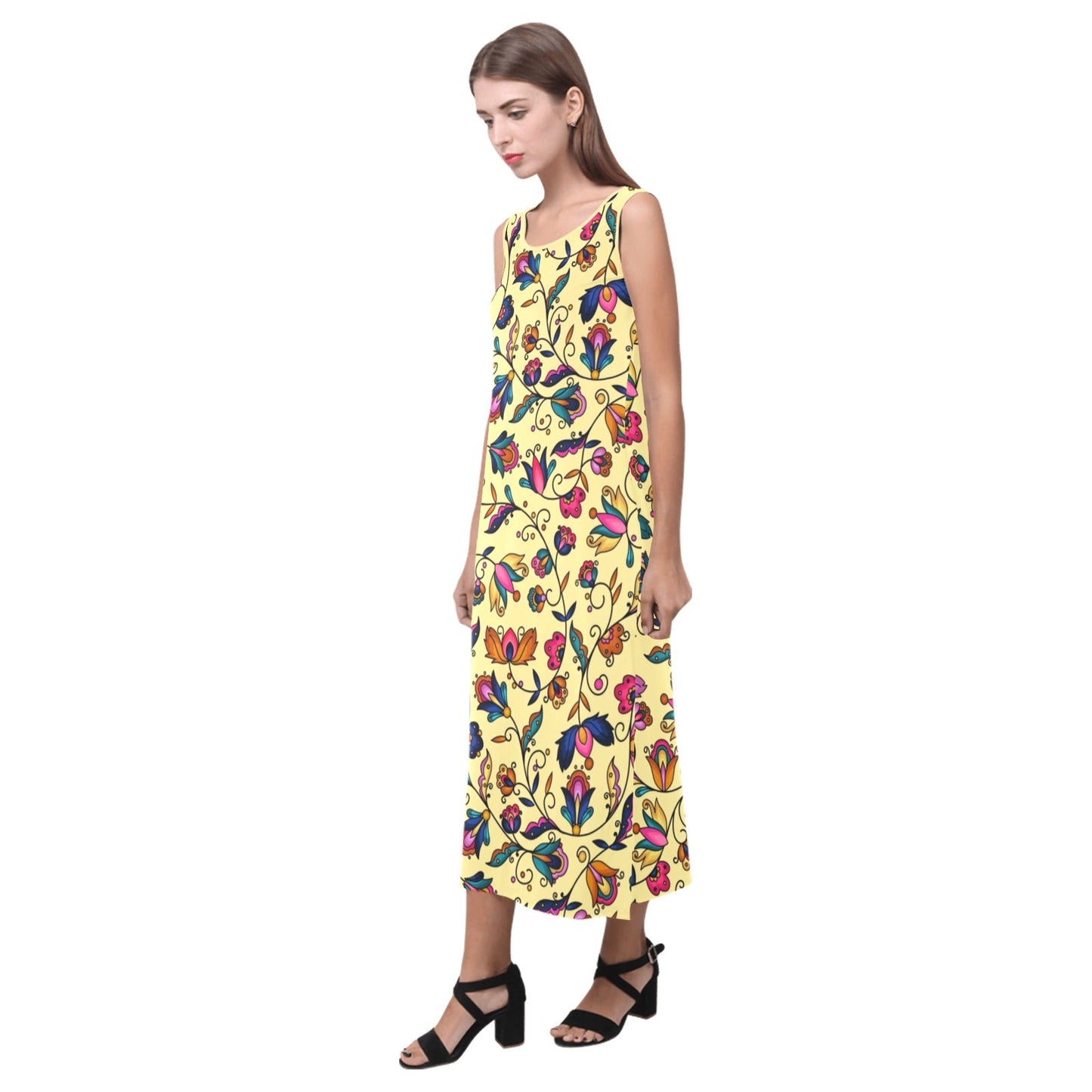 Copper Prairie Petals Yellow Phaedra Sleeveless Open Fork Long Dress