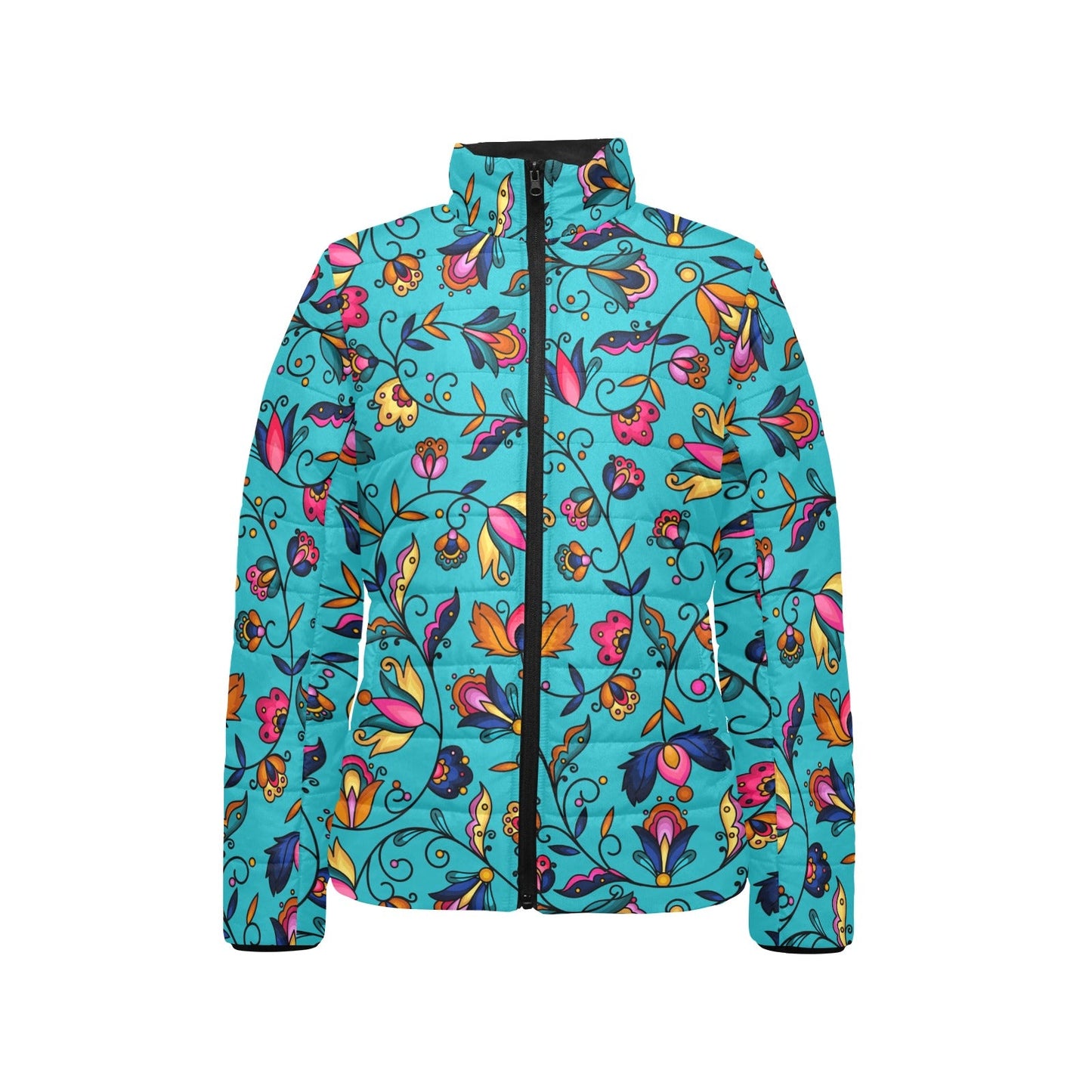 Copper Prairie Petals Turquoise Women's Stand Collar Padded Jacket