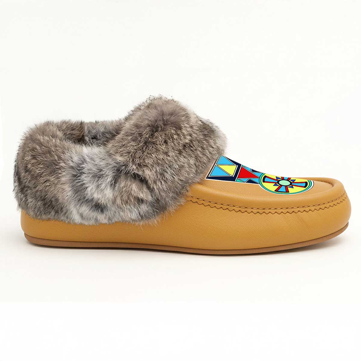 Firewheel Emblem Tan Leather Mottled Fur Moccasin