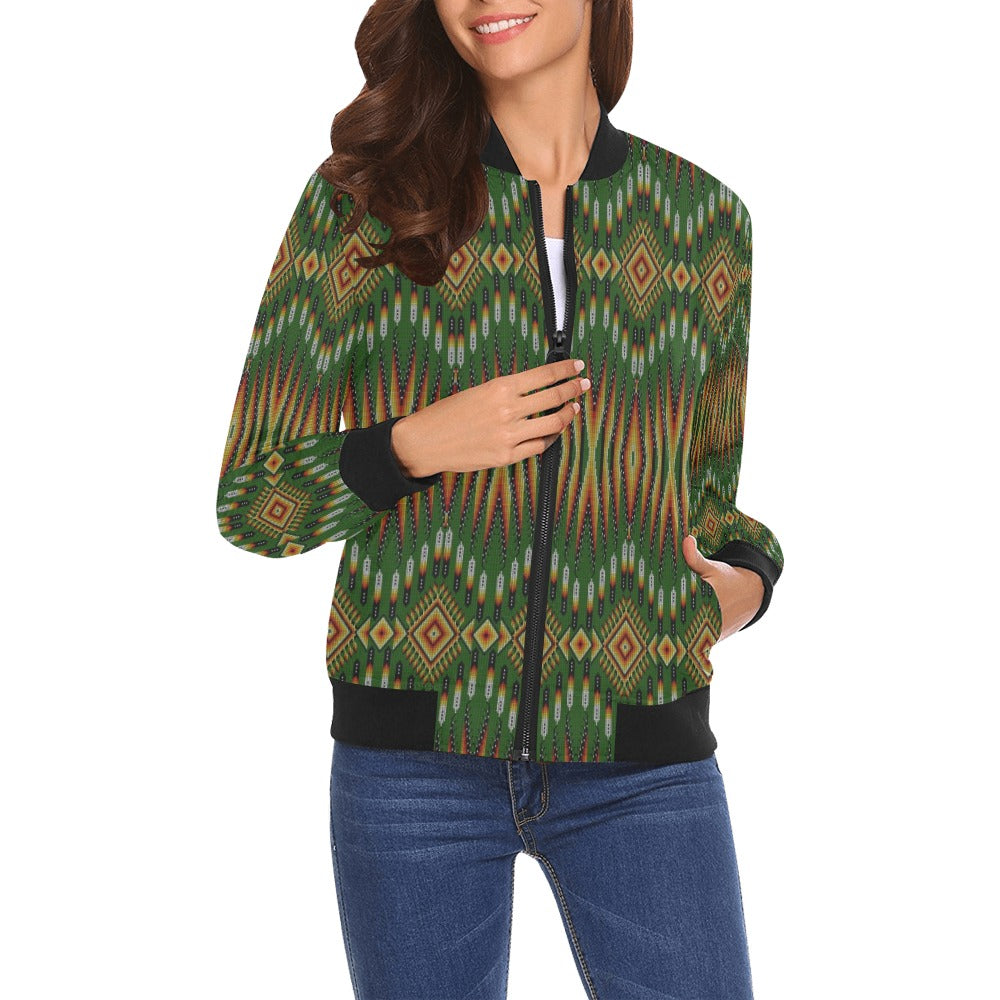 Fire Feather Green Bomber Jacket for Women