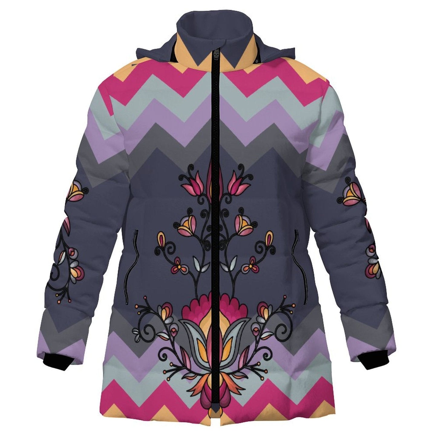 Crimson Drift Petals Women's Hooded Puffer Coat