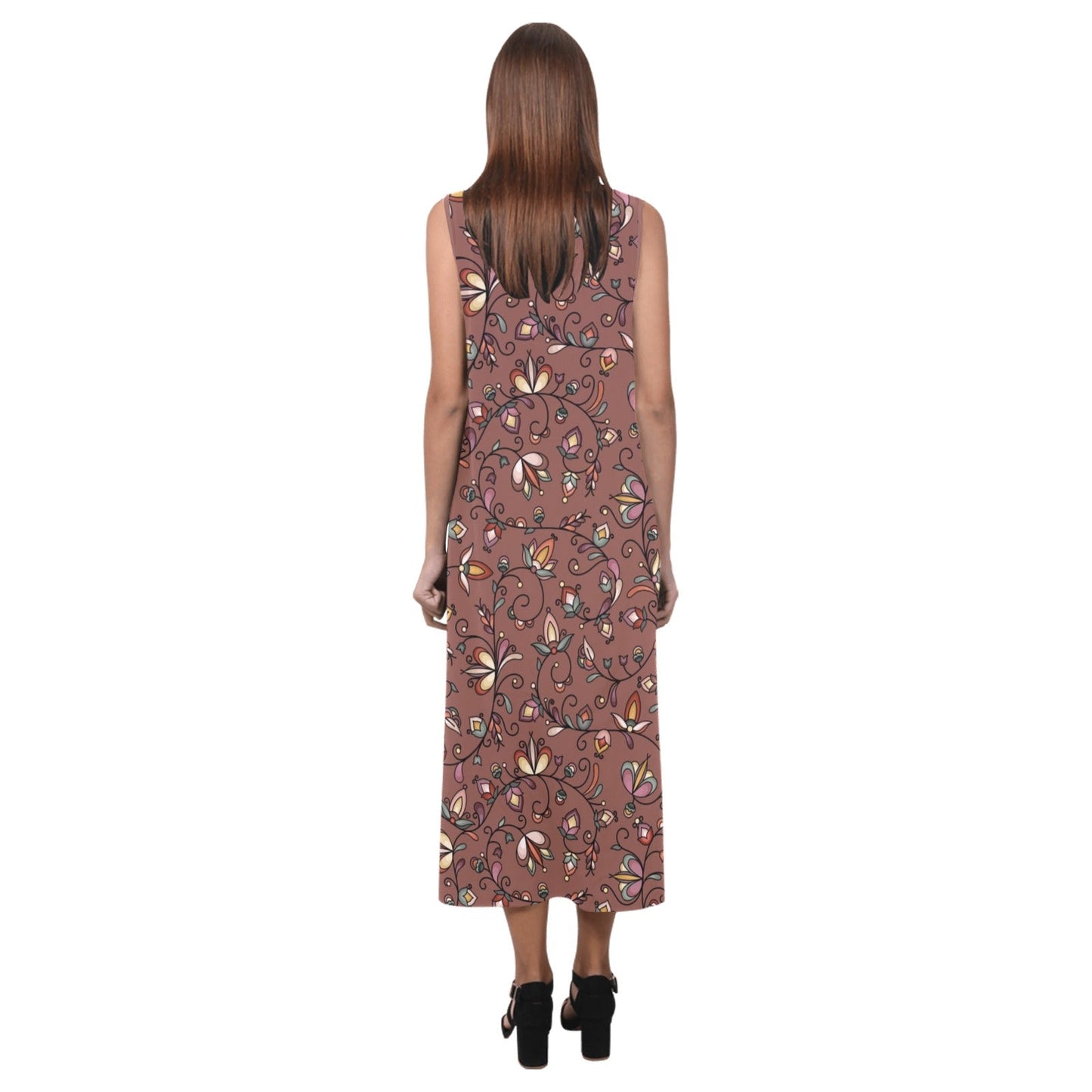 Burnt Sky Petals Brown Phaedra Sleeveless Open Fork Long Dress