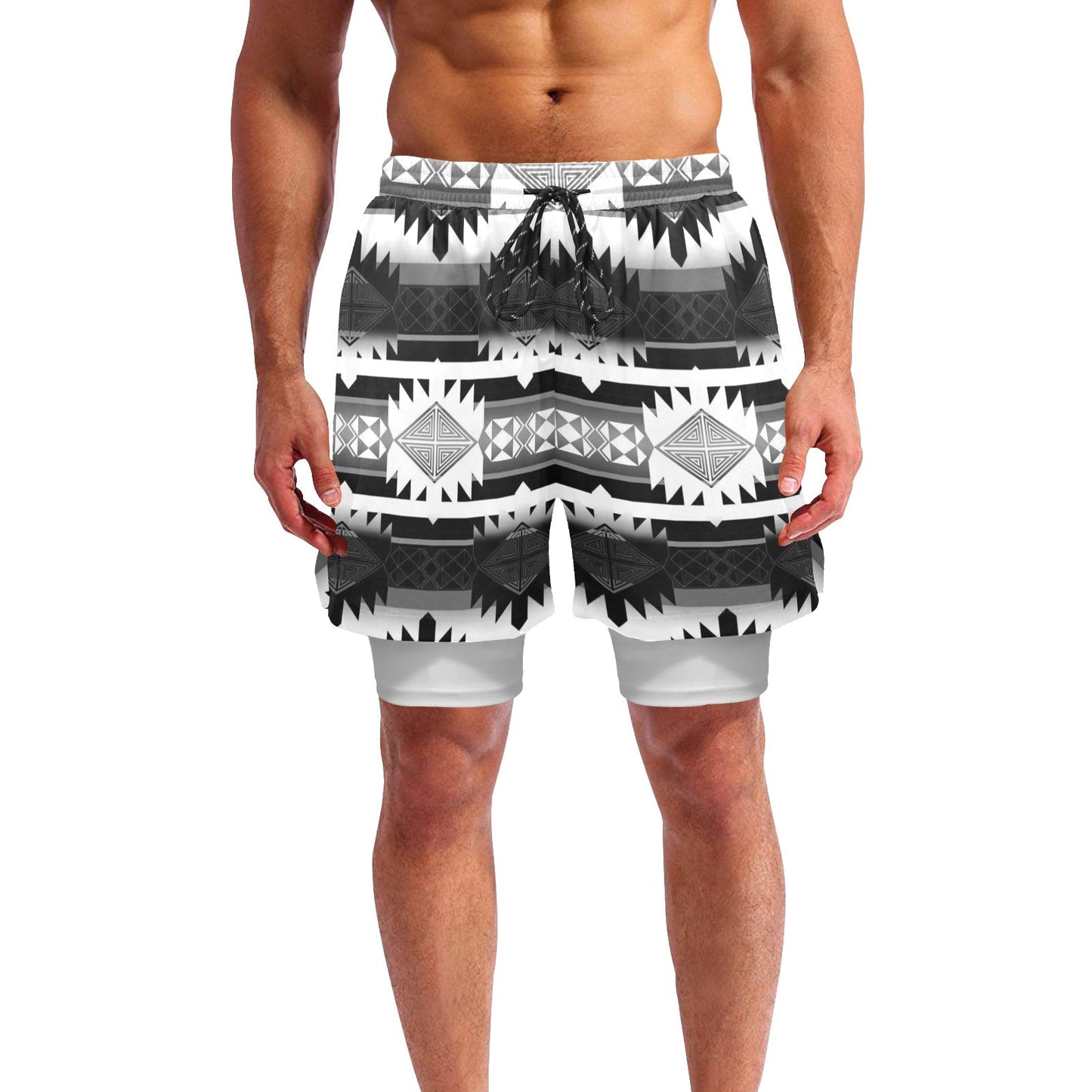 Okotoks Black and White Men's Sports Shorts with Compression Liner