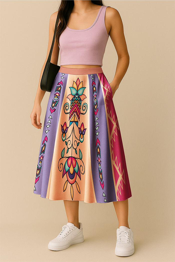 Arrow Blossom Path Bright  Luxe Midi Skirt