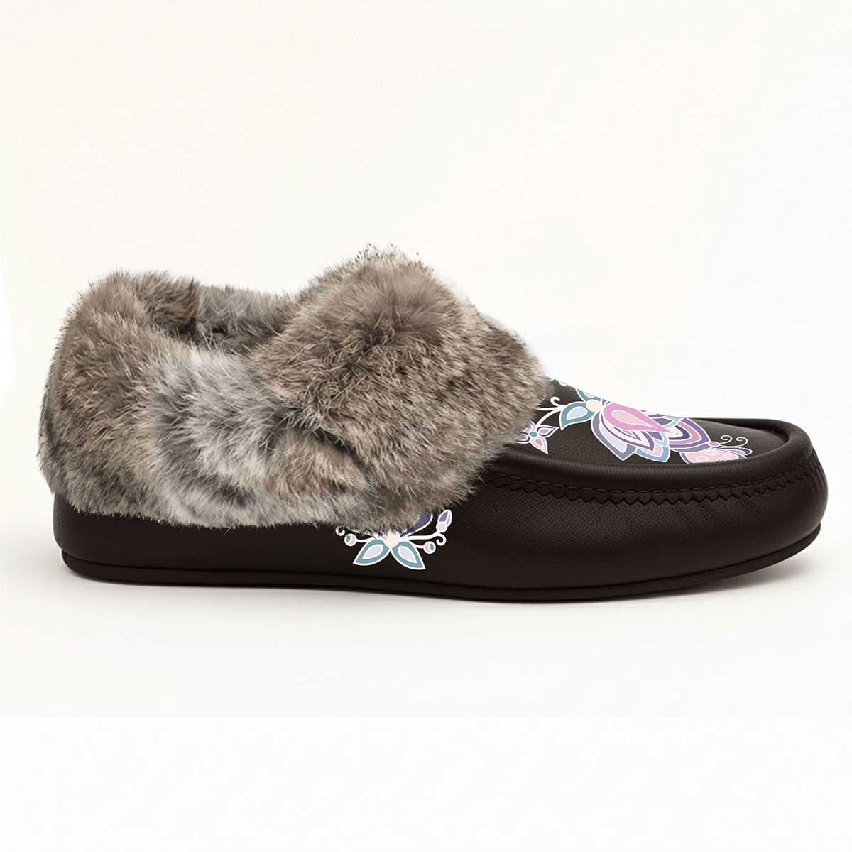 Snow Petal Spirit Brown Leather Mottled Fur Moccasin